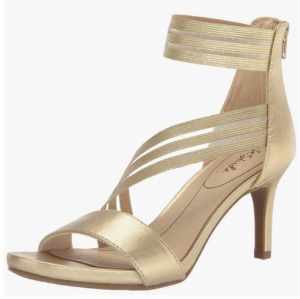 Life Stride Fab Flex Mystique Pumps Soft Gold Strappy Heeled Sandals Size 8W